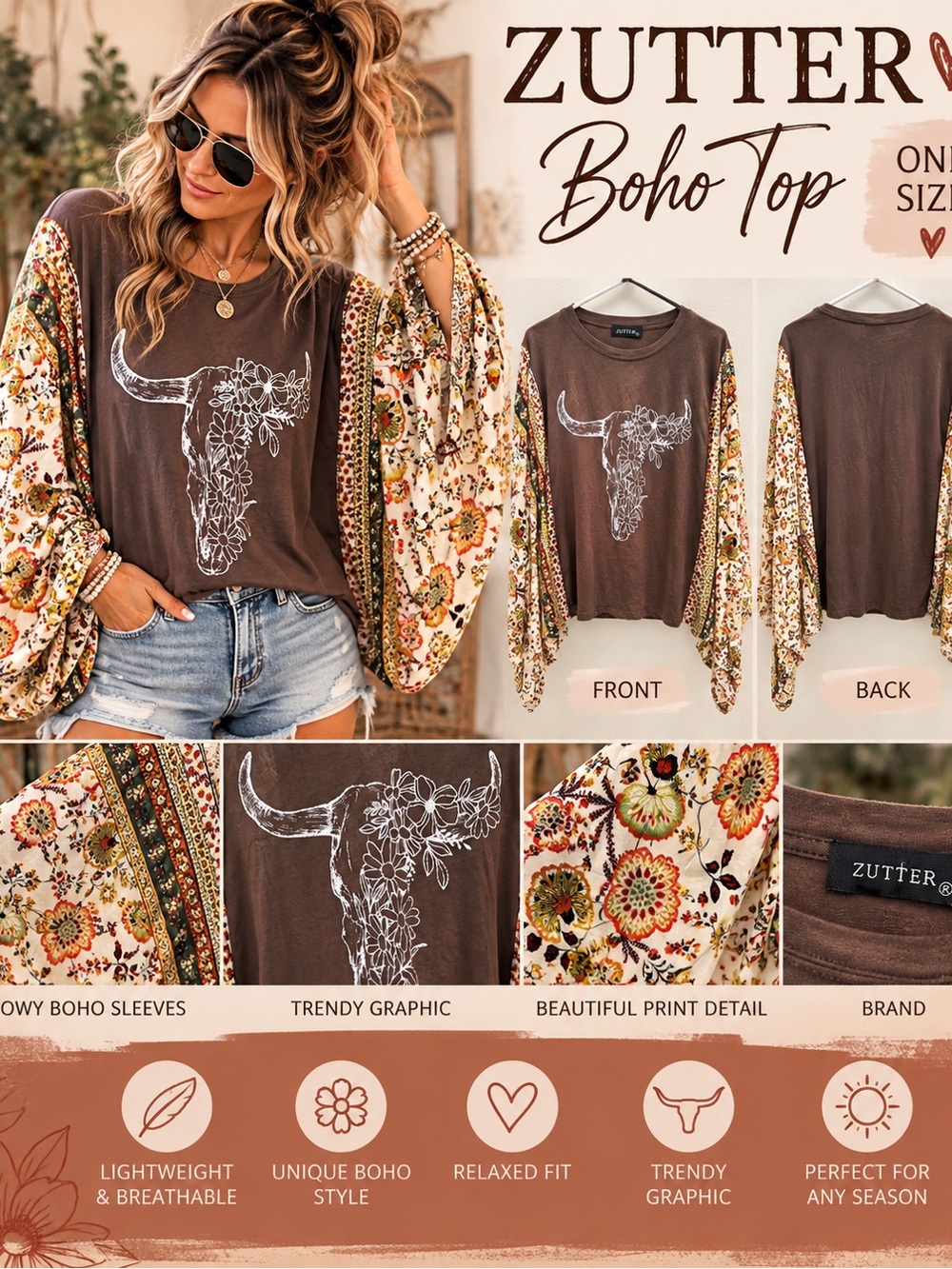 Zutter Boho Floral Longhorn Skull Bell Sleeve Top Brown One Size